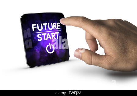 À propos de doigt d'appuyer sur l'écran moderne avec le futur texte Démarrer, fond blanc. Concept de droit pour l'illustration de l'innovation o Banque D'Images
