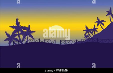 Au coucher du soleil sur la mer de silhouette Illustration de Vecteur