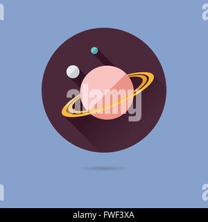Saturne modèle plat long shadow icône vecteur en cercle sur fond bleu pastel Illustration de Vecteur