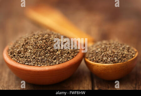 Les graines d'Ajwain dans bol et cuillère en bois Banque D'Images