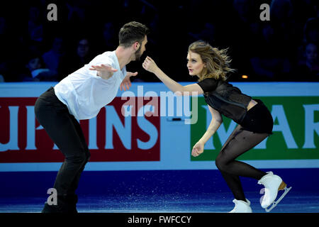 Dimanche 3 Avril 2016 : Gabriella Papadakis et Guillaume Cizeron (FRA) effectuer à l'Union Internationale de Patinage Champions du Monde exposition, tenue au TD Garden, à Boston, Massachusetts.Eric Canha/CSM Banque D'Images