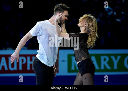 Dimanche 3 Avril 2016 : Gabriella Papadakis et Guillaume Cizeron (FRA) effectuer à l'Union Internationale de Patinage Champions du Monde exposition, tenue au TD Garden, à Boston, Massachusetts.Eric Canha/CSM Banque D'Images