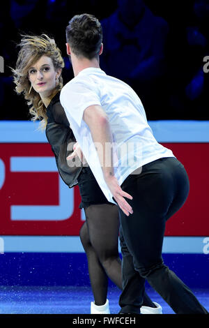 Dimanche 3 Avril 2016 : Gabriella Papadakis et Guillaume Cizeron (FRA) effectuer à l'Union Internationale de Patinage Champions du Monde exposition, tenue au TD Garden, à Boston, Massachusetts.Eric Canha/CSM Banque D'Images