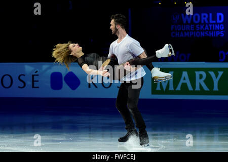 Dimanche 3 Avril 2016 : Gabriella Papadakis et Guillaume Cizeron (FRA) effectuer à l'Union Internationale de Patinage Champions du Monde exposition, tenue au TD Garden, à Boston, Massachusetts.Eric Canha/CSM Banque D'Images