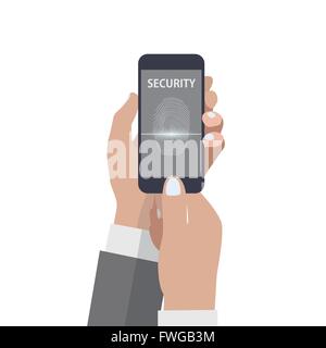 Hand holding smartphone avec empreintes digitales de numérisation sur l'écran. Style plat vector illustration Illustration de Vecteur