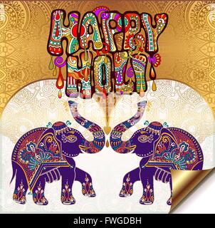 Happy Holi avec design original sur l'éléphant indien floral zone Illustration de Vecteur