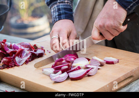 Un homme hacher les légumes sur une planche avec un couteau, trancher les oignons rouges. Banque D'Images