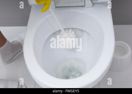 Femme avec les mains gantées de frotter une cuvette de toilette avec un savon germicide et brosse wc alors qu'elle vide la citerne Banque D'Images