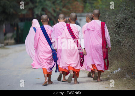 Les nonnes bouddhistes traditionnelles en robes, Rhône-Alpes, le Myanmar (Birmanie), en Asie du sud-est Banque D'Images