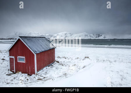 Une maison typique sur la plage enneigée cadres la mer glacée à Ramberg, îles Lofoten, Norvège, Scandinavie, de l'Arctique Banque D'Images
