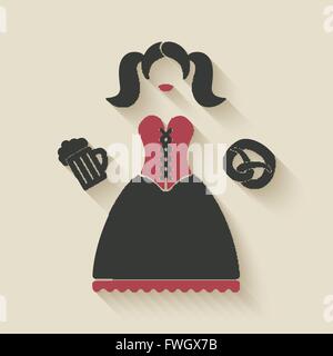 Oktoberfest girl with beer mug et bretzel - vector illustration EPS 10. Illustration de Vecteur