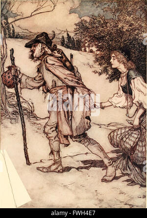 'Les contes de fées des Frères Grimm' (1916) est un recueil de contes populaires allemands compilés par Jacob et Wilhelm Grimm. Il comprend des histoires populaires comme Cendrillon, Blanche-neige et Hansel et Gretel, reflétant les thèmes traditionnels des contes de fées européens tels que la moralité, la magie et la famille. Banque D'Images