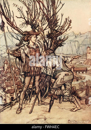 Cette collection de 1916 présente des contes de fées emblématiques des Frères Grimm, y compris des histoires telles que « Cendrillon » et « Hansel et Gretel », avec des leçons de morale et des éléments fantastiques. Banque D'Images