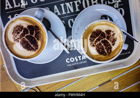 Deux tasses de Cappuccino's Costa Costa sur un bac. Banque D'Images