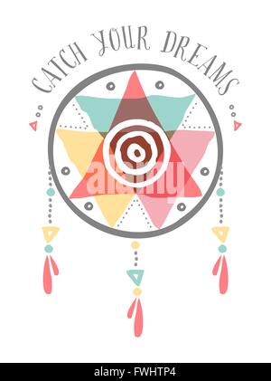 Attrapez vos rêves illustration boho, Native American tribal dreamcatcher avec formes et couleurs éléments spirituels. Illustration de Vecteur