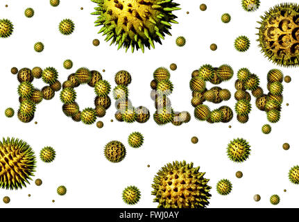 Les grains de pollen concept comme un groupe de particules organiques microscopiques en forme de texte comme la pollinisation des plantes à fleurs comme voler dans les airs comme un soins de santé 3D illustration symbole d'allergies saisonnières et souffrant de la fièvre des foins allergie. Banque D'Images