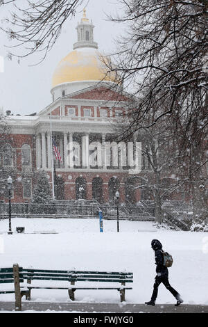 Neige, Boston Common, Massachusetts Statehouse Banque D'Images