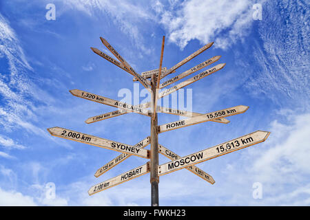 Panneau d'informations poster dans village frontalier de l'Afrique et l'ouest de l'Australie avec les directions et les distances aux grandes villes du monde Banque D'Images