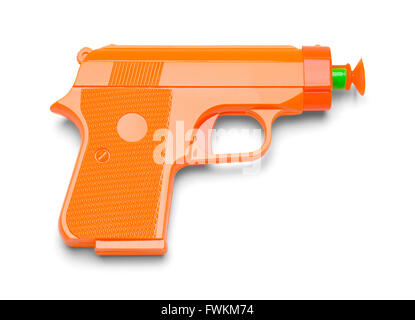 Jouet en plastique orange Pistolet Dart isolé sur fond blanc. Banque D'Images