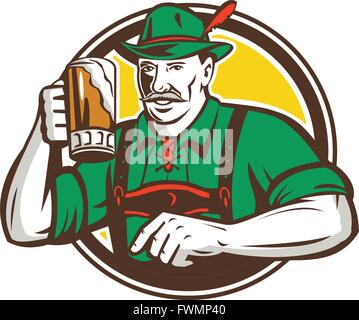 Illustration d'un buveur de bière bavaroise allemande sensibilisation beer mug pour l'Oktoberfest toast portant des lederhosen et allemand chapeau à l'intérieur du cercle fait en style rétro. Illustration de Vecteur