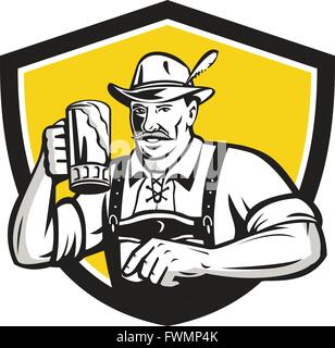 Illustration d'un buveur de bière bavaroise allemande sensibilisation beer mug pour l'Oktoberfest toast portant des lederhosen et allemand chapeau intérieur cimier écu fait en style rétro. Illustration de Vecteur