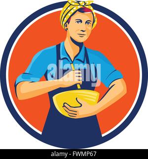 Illustration d'une femme chef avec bandana holding spatule et bol mélanger ensemble du point de vue de l'avant à l'intérieur du cercle sur fond isolé fait en style rétro. Illustration de Vecteur