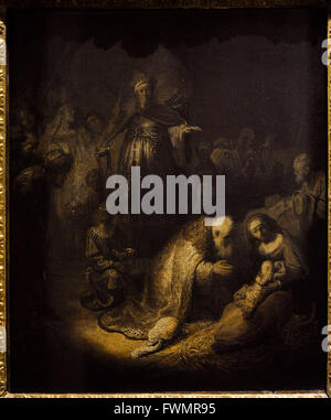 Rembrandt Harmenszoon van Rijn (1606-1669). Peintre hollandais. Adoration des Mages, 1632. Huile sur papier collé sur toile. Le Musée de l'Ermitage. Saint Petersburg. La Russie. Banque D'Images