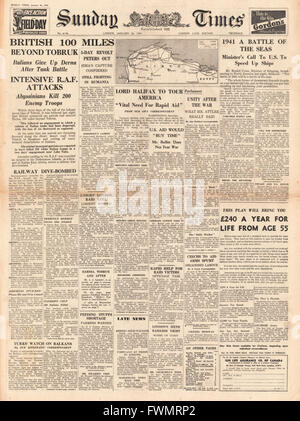 1941 front page Sunday Times British 100 milles au-delà de Tobruk et Lord Halifax en tournée en Amérique latine Banque D'Images