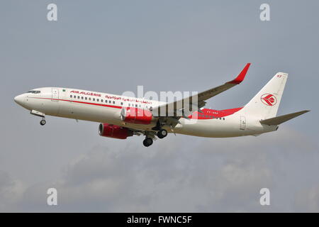 Air Algerie Boeing 737-8D6 7T-VKF l'atterrissage à l'aéroport Heathrow de Londres, UK Banque D'Images