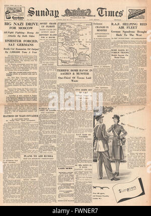 1941 front page Sunday Times les forces allemandes à l'avance à Moscou et RAF raid contre Munster et Aix-la-Chapelle Banque D'Images