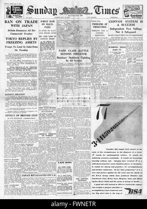 1941 front page Sunday Times en Grande-Bretagne et aux États-Unis s'arrêter tous les échanges avec le Japon et la bataille pour Smolensk Banque D'Images