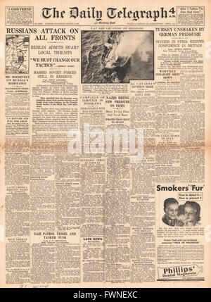 1941 front page Daily Telegraph contre-attaque russe le long de front de l'Est, des exécutions de masse en Yougoslavie et la Turquie ébranlé par pression allemande Banque D'Images