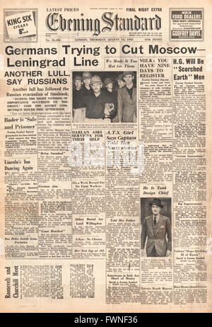 1941 front page Evening Standard de l'armée allemande avance sur Moscou et Leningrad Banque D'Images