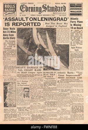 1941 front page Evening Standard assaut allemand sur Leningrad et raids de la RAF sur côte de la Manche et de l'Allemagne Banque D'Images