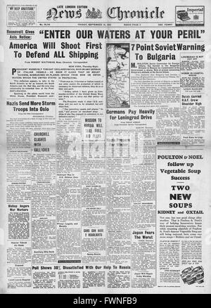 1941 Front Page News Chronicle Roosevelt Discours à Bataille de l'Atlantique et l'Union soviétique à la Bulgarie d'avertissement Banque D'Images