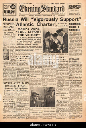 1941 front page Evening Standard Fédération s'engagent à soutenir la charte de l'Atlantique Banque D'Images