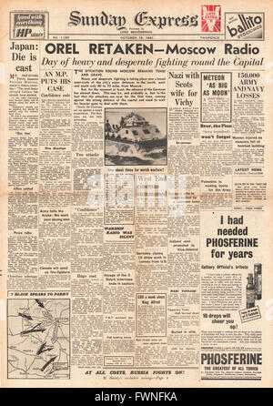 1941 front page Sunday Express répétition de l'armée russe Orel et le général Hideki Tōjō est nouveau chef du cabinet japonais Banque D'Images