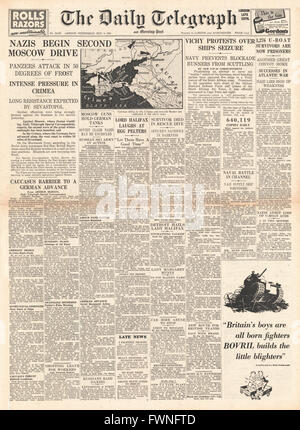 1941 front page Daily Telegraph Bataille pour Moscou et la Crimée Banque D'Images