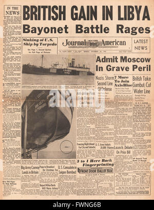 1941 front page New York Journal American bataille pour la Libye, Bataille pour Moscou et naufrage du cargo américain Lehigh par U-Boat U-126 Banque D'Images