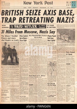 1941 front page New York Post bataille pour la Libye et Bataille pour Moscou Banque D'Images