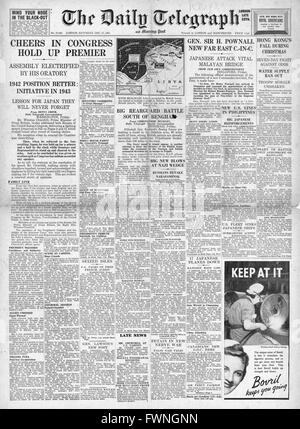 1941 front page Daily Telegraph adresses Churchill U.S. Congress, retraites de Rommel en Libye et le général Sir Henry Pownall est nommé nouveau commandant en chef en Extrême-Orient Banque D'Images