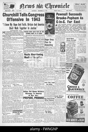 1941 Front Page News Chronicle adresses Churchill U.S. Congress, retraites de Rommel en Libye et le général Sir Henry Pownall est nommé nouveau commandant en chef en Extrême-Orient Banque D'Images