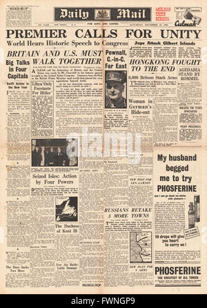 1941 front page Daily Mail adresses Churchill congrès, la rétrocession de Hong Kong et le général Sir Henry Pownall est nommé nouveau commandant en chef en Extrême-Orient Banque D'Images