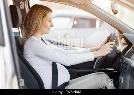 Femme enceinte conduisant sa voiture, le port de la ceinture de sécurité Banque D'Images