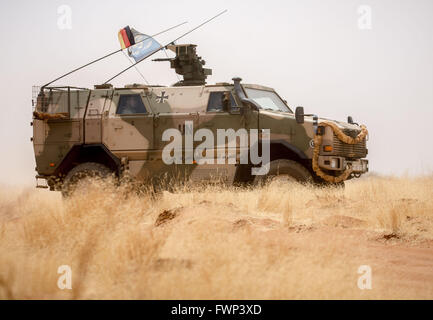 Un véhicule blindé DINGO 2 photographié pendant un exercice au Camp Castor dans la région de Gao, Mali, 05 avril 2016. Les membres de l'armée allemande (Bundeswehr) ont été déployés dans la région dans le cadre de la mission de l'ONU la MINUSMA. Photo : MICHAEL KAPPELER/dpa Banque D'Images