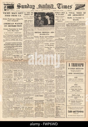 1941 front page Sunday Times la France de Vichy peut obtenir sous forme d'aliments aux États-Unis Banque D'Images