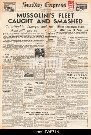 1941 front page Sunday Express Bataille du cap Matapan Banque D'Images