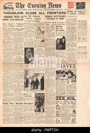 1941 Front Page News Soirée Yougoslavie ferme ses frontières et les Forces britanniques Adowa capture Banque D'Images