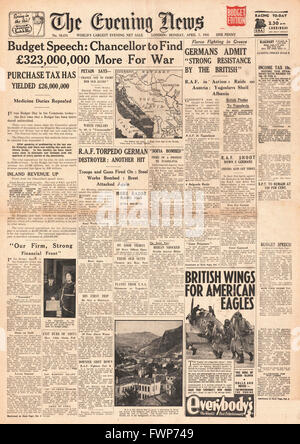 1941 Front Page News Soirée Chancelier Kingsley Wood annonce le Budget Banque D'Images