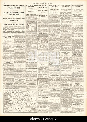 1941 page 4 la fois RAF bombarder les bases aériennes en Syrie, la France de Vichy face à l'Allemagne, l'Italien capituler à Amba Alagi et Liner égyptien coulé par Zamzam Raider Allemand Atlantis Banque D'Images